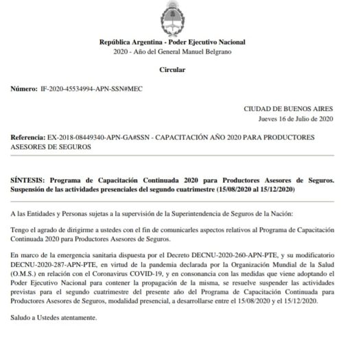 Circular IF-2020-45534994| Nuevas disposiciones de la SSN