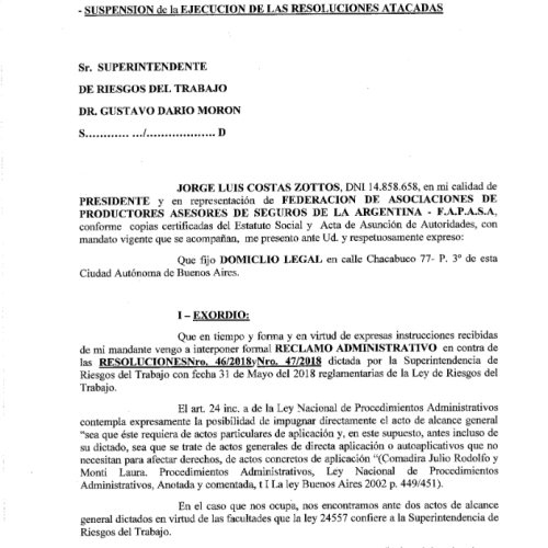 RECLAMO ADMINISTRATIVO FRENTE A RES. 46 Y 47/2108