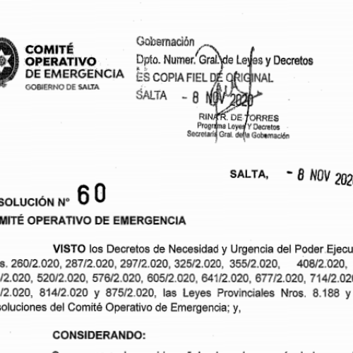 NUEVA RESOLUCIÓN N° 60 PUBLICADADA POR EL C.O.E.  PARA LA PROVINCIA DE SALTA.